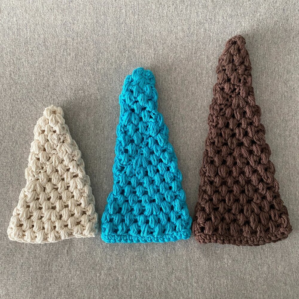 Handmade Crochet White Blue Brown Holiday Christmas Tree Covers Decor Set of 3